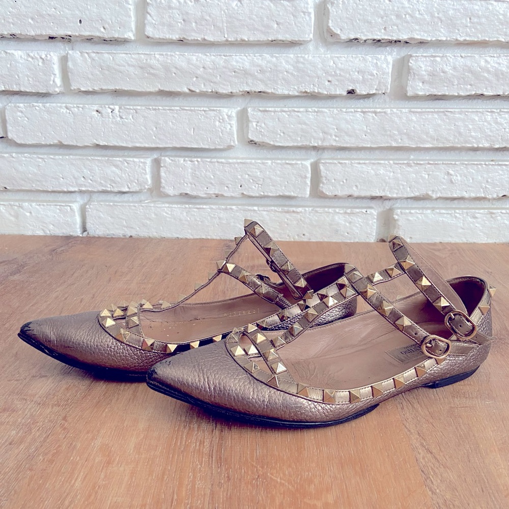 Valentino Rockstud Caged Ankle Ballet Flat Gold